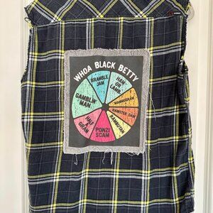 🔥 Upcycled Hawk Sleeveless Flannel – “Whoa Black Betty” Back Graphic – Size M